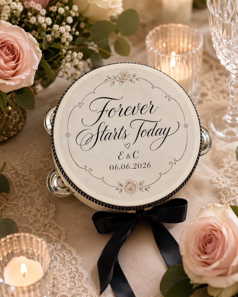 May include: A round tambourine featuring a cream-colored surface with the black text Forever Starts Today, the initials E & C, and the date 06.06.2026. The design includes floral accents and a black ribbon tied at the bottom with metallic jingles.