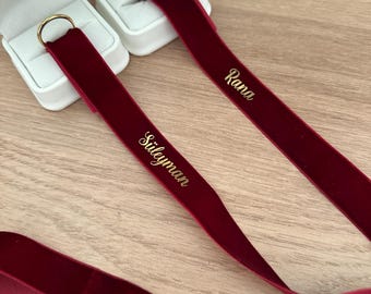 Personalized Velvet Engagement Ribbon with Names – Custom Promise Ceremony Accessory, With or Without Pearls