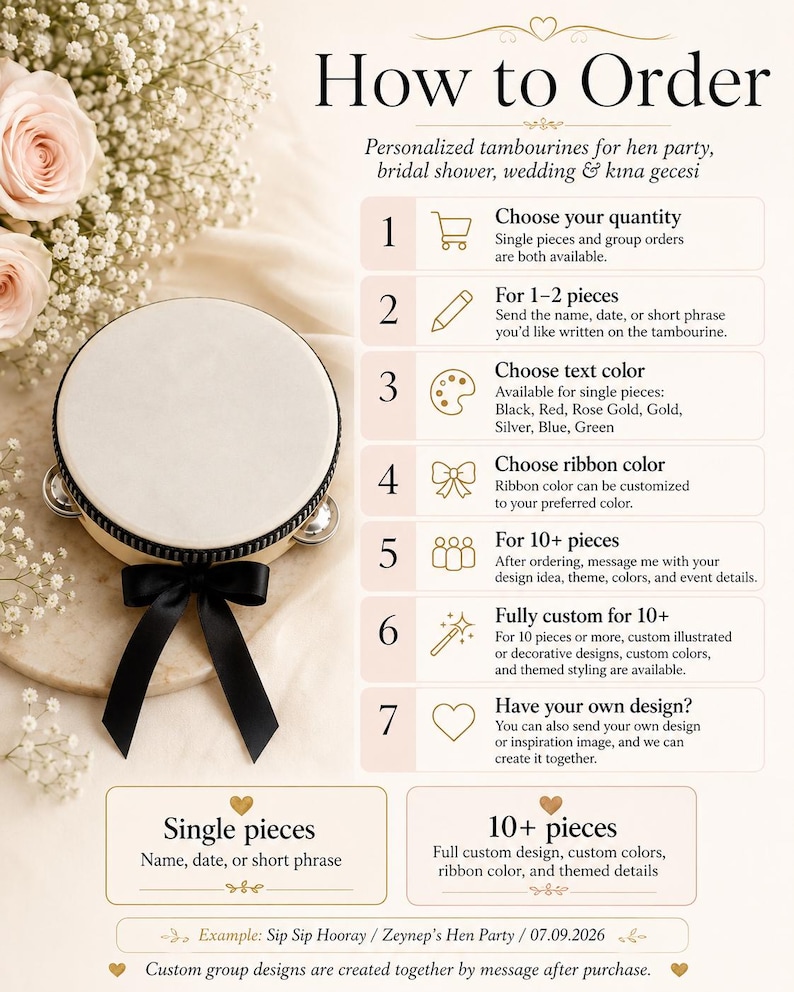 May include: A round tambourine with a white drumhead and a black ribbon bow. The image displays a seven-step How to Order guide for personalized tambourines, detailing options for quantity, text, colors, and custom designs for events.