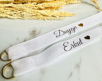 Personalized Pearl luxury Linen Ribbon, Engagement Ring Ribbon, Promise/Engagement decor, Name Velcro Ribbon , with or without Pearl