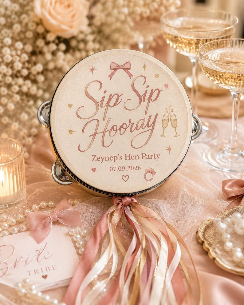 May include: A round tambourine featuring the text "Sip Sip Hooray", "Zeynep's Hen Party", and the date "07.09.2026" in rose gold lettering. The design includes a bow, champagne glasses, hearts, and a ring icon, finished with hanging ribbons.