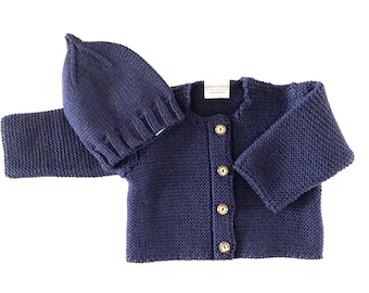 Set regalo nascita: cardigan e cappello per neonato in 100% finissima lana merino