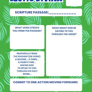 May include: A green printable worksheet for Lectio Divina featuring a palm leaf pattern. It includes sections for the date, scripture passage, reflection questions, a prayerful reading prompt, an action commitment, and a closing prayer at the bottom.