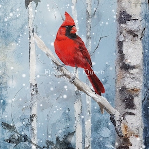 Decoupage Queen, lanzamiento de invierno de 2023, Navidad, papel de arroz, A4 8,27 x 11,69, rojo, cardenal, nieve, abedul, escena, escena de nieve, 0519