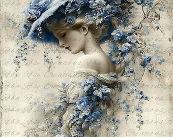 Reba Rose Rice Paper for Decoupage, Wisteria Flowers, Victorian Lady, Vintage Style, Mixed Media, A4, 8.27 X 11.6