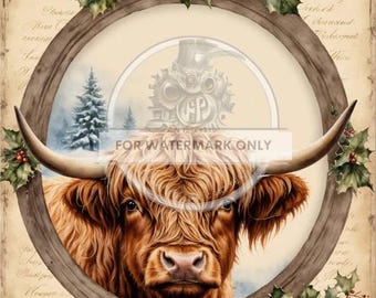 Op de afbeelding: Een bruine Highland-koe met lange, ruwe vacht kijkt door een ronde lijst die versierd is met hulst en rode bessen. De lijst is geplaatst tegen een vintage achtergrond met handgeschreven tekst.