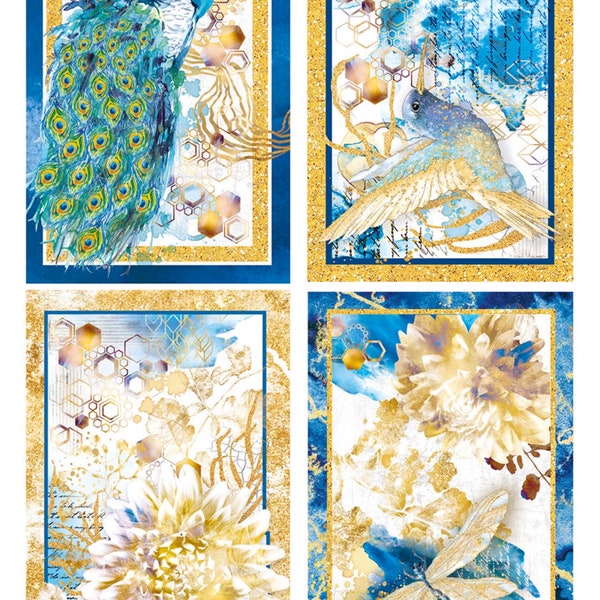 Ciao Bella Italian Rice Paper for Decoupage, Piuma Indigo ephemera, Peacock, Hummingbird, A4 8.5 x 11.5 inches, 21.5cm x 29 cm, CBRP308