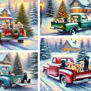 May include: Four vintage red, green, and blue pickup trucks with a Christmas tree in the background. Each truck is filled with puppies. The trucks are driving through a snowy winter scene.
