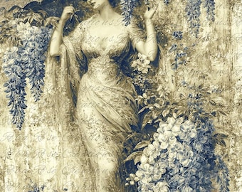 Reba Rose Rice Paper for Decoupage, Antique Blue, Wisteria Maiden, Victorian Lady, Mixed Media, A4, 8.27 X 11.6