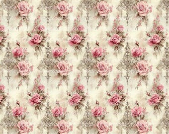 Reba Rose Rice Paper for Decoupage | Vintage Pink Roses Floral Pattern, Background | Shabby Chic Design, Furniture Upcycle, A3 11.7 x 16.5