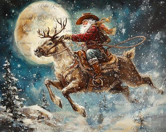 Reba Rose Rice Paper for Decoupage, Mixed Media, Christmas Cowboy Santa, Western, Country, Midnight Ride, A4 8.27 X 11.6