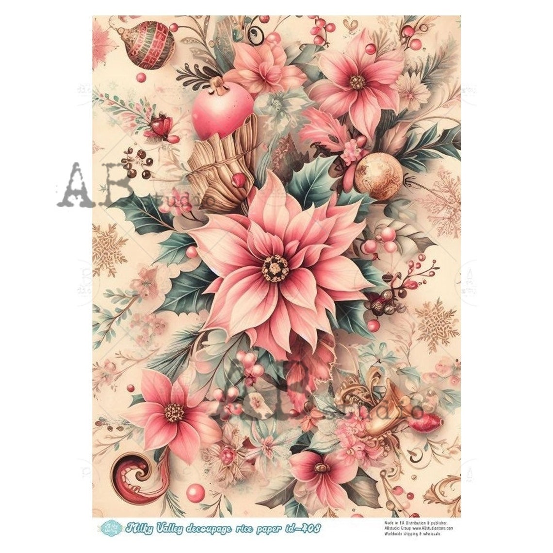 AB Studio Rice Paper for Decoupage, Milky Valley, Christmas, Pink ...