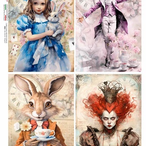 Motifs papier, édition spéciale, Alice, pays des merveilles, lapin, reine de coeur, chapelier fou, papier de riz, découpage, techniques mixtes, A4 8,3 x 11,7