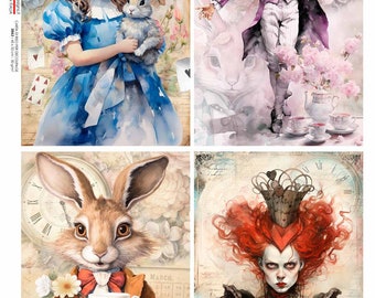 Paper Designs, Special Release, Alice, Wonderland, Rabbit, Queen of Hearts, Mad Hatter, Rice Paper, Decoupage, Mixed  Media, A4 8.3x11.7