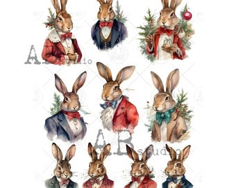 May include: Nine watercolour illustrations of anthropomorphic rabbits in suits and bow ties. The rabbits are in various poses, some with Christmas tree branches and baubles. The colour palette includes shades of brown, red, blue, and green. The text "Filky Valley decoupage rice paper id-472" is at the bottom.