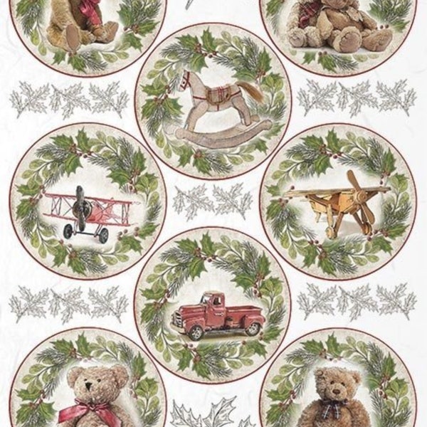 ITD Collection Rice Paper for Decoupage R1924 Size A4 - 210x297 mm, 8.27x11.7 inch, Christmas Rounds, Vintage Toys, Teddy Bears, Ornaments