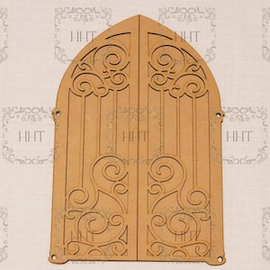 May include: A pair of wooden double doors with intricate cut-out designs. The doors are arched at the top and have a brown finish.