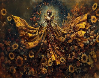 Reba Rose Rice Paper for Decoupage, Embers of Autumn, Goddess, Sunflowers, Mixed Media, A4, 8.27 X 11.6