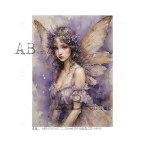AB Studio, Reispapier, Fee, Lila, Porträt, Fantasie, Vintage Kinder, Blaue Engel, ID-4405, A3, 30,5 cm, Decoupage, Mischtechnik