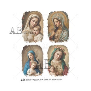 Peut inclure: Quatre feuilles de papier de riz pour découpage rectangulaires présentant des illustrations religieuses de personnages avec des auréoles. Les images montrent diverses scènes d'une femme et d'un enfant. Le texte en bas indique AB studio Decoupage rice paper No. 4754.