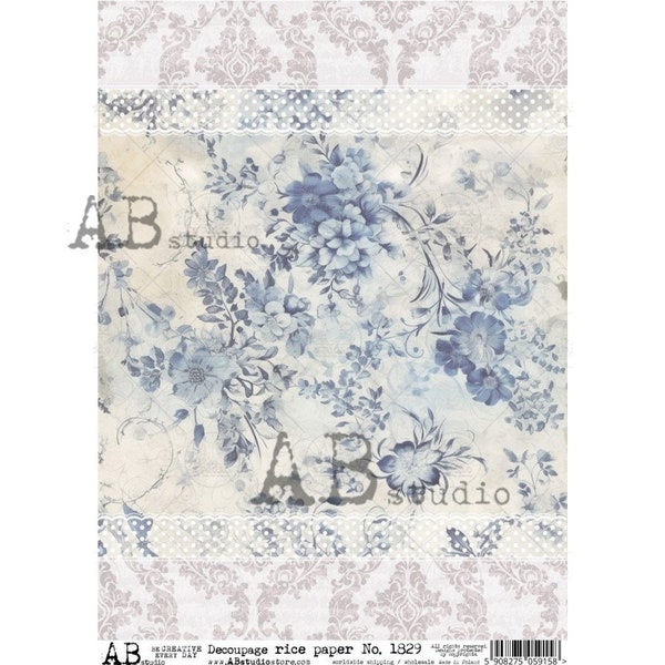 AB Studio, Shabby Chic, Vintage, Victorian, Blue, White, Lace, Antique Style, 1829 A4 8.27 X 11.69 inches Rice Paper for Decoupage Imported