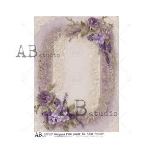 AB Studio, papier de riz pour découpage, romantique, shabby chic, fleurs violettes, fond de cadre, 4988, A4 8,27 x 11,69, importé de Pologne