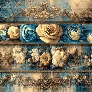 Reba Rose Creations, Rice Paper for Decoupage, Mixed Media, Flowers, Strips, Roses, Vintage style, Shabby Chic, 2036, A4, 8.27 X 11.6