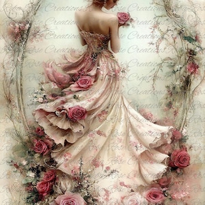 Reba Rose Creations, papier de riz pour découpage, techniques mixtes, jeune fille, femme, fleurs roses, shabby chic, 1920, A4 8,27 x 11,6