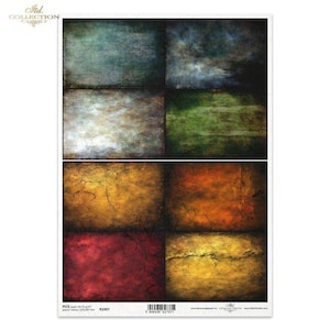 May include: A sheet of six textured paper squares. The squares are arranged in two rows of three. The top row features a blue-green square, a gray-blue square, and a green square. The bottom row features a yellow-brown square, an orange-brown square, and a yellow-brown square.