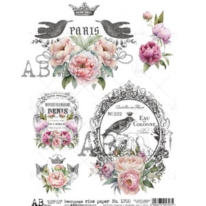 AB Studio, papier de riz pour découpage, romantique, shabby chic, fleurs, vintage, roses, oiseaux, Paris, 1700, A4 8,27 x 11,69, importé de Pologne