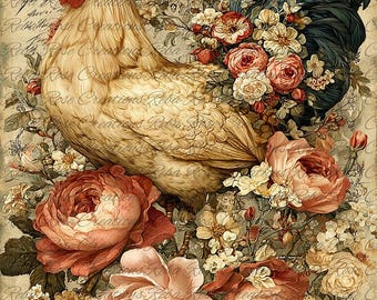 Reba Rose Rice Paper for Decoupage, Colorful Rooster, Roses, Florals, Mixed Media, A4, 8.27 X 11.6