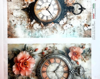 Paper Designs Rice Paper,  Vintage Time Pieces, Antique Clocks, Floral, A4 Decoupage, Mixed Media, Crafts