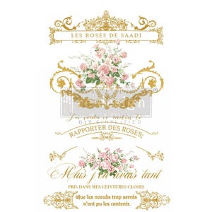 Può includere: Motivo decorativo dorato con un motivo floreale e il testo "LES ROSES DE SAADI" e "RAPPORTER DES ROSES: Mais j'en avais tant PRIS DANS MES CEINTURES CLOSES Que les noeuds trop serrés n'ont pu les contenir."