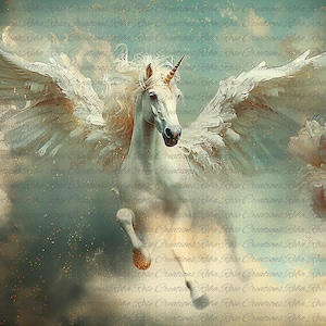 Reba Rose Creations, papier de riz, découpage, techniques mixtes, alicorne, blanc, pégase, cheval ailé, shabby chic, 1658, A4 8,27 x 11,6