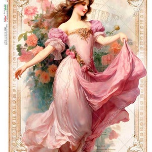 Paper Designs, 2023 Release, Pink, Floral, Princess Shabby Chic, Vintage Style, Rice Paper, Decoupage, Mixed  Media, 0167, A4 8.3&quot; X 11.7&quot;