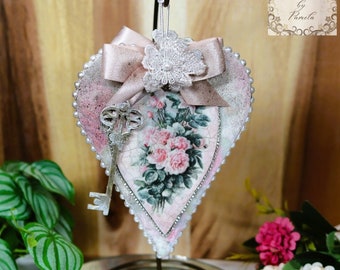 Handcrafted, Shabby Chic, Valentine, Roses, Heart Ornament, Pink Roses, Decoupage MDF, Love Heart Ornament, Gift, Heart Decoupage Ornament