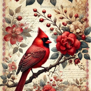 Decoupage Creatives, Papel de Arroz, Técnica Mixta, Cardenales Florales Rojos, Pájaros, Primavera, Flores, A4 8,27 x 11,69, DPD-757