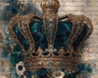 Reba Rose Rice Paper for Decoupage, Blue and Gold Crown, Florals, Mixed Media, A4, 8.27 X 11.6