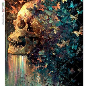 May include: An artistic print featuring a skull with butterflies emerging from it. The skull is a light brown color, and the butterflies are in shades of orange, blue, and teal. The background is dark.
