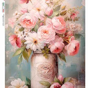Diseños de papel, lanzamiento de primavera de 2024, ramo rosa primaveral en tarro de cristal, peonías, rosa, papel de arroz, decoupage, técnica mixta, 0424 A4 8,3" x 11,7"