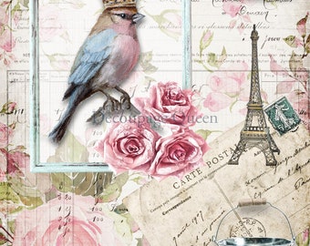 Decoupage Queen Rice Paper, 2024 Spring Release, Blue Birds, Crowned, Roses, Paris, Eifel Tower,  Paris, 0556,  A4