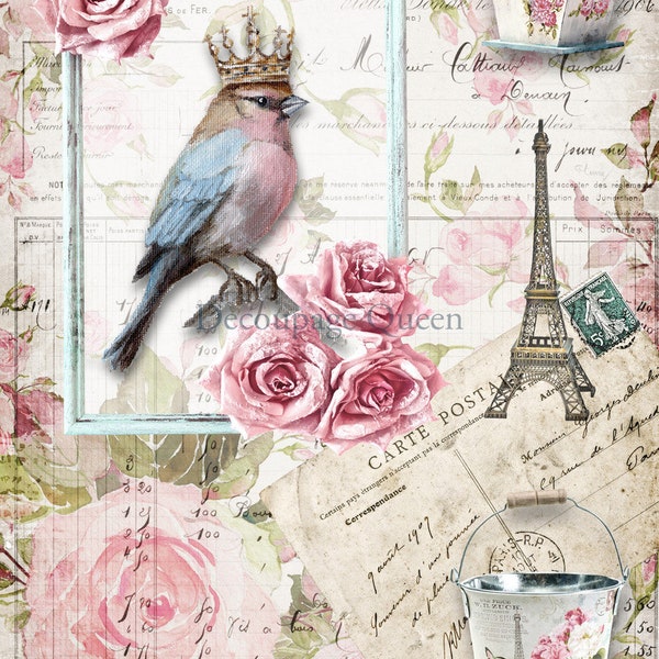 Decoupage Queen, Rice Paper, 2024 Spring Release, Blue Birds, Crowned, Roses, Paris, Eifel Tower,  Paris, 0556,  A4 8.3" X 11.7"