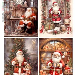 Diseños de papel, Navidad, Lanzamiento especial, Estilo vintage, Papá Noel, Taller, Árbol, Paquete de 4 cuadrados, Papel de arroz A4 de 8,3" x 11,7" para decoupage