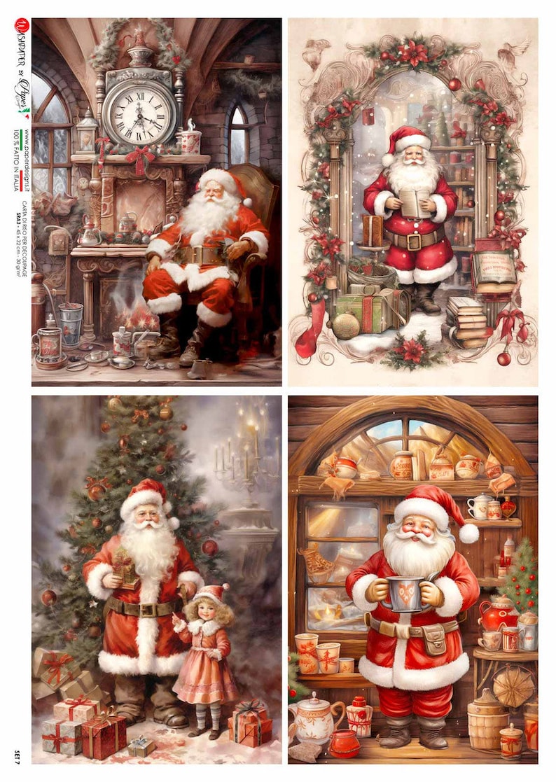 Santa Ramp Paper Paper Designs, Christmas, Rice Paper, Santa Claus, Squares, Vintage ...