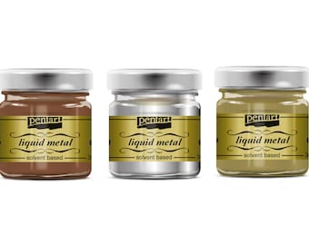 May include: Three small glass jars of Pentart Liquid Metal paint. The jars are labeled with the brand name and product name, "liquid metal", and "solvent based". The jars are filled with different colored paint: brown, silver, and green.