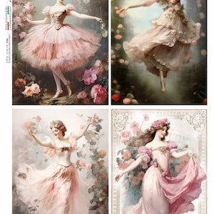 Modèles en papier, édition spéciale, ballerines, roses, lot de 4, shabby chic, style vintage, papier de riz, découpage, techniques mixtes, A4 20,2 x 30,5 cm