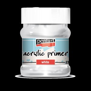 May include: A white acrylic primer paint in a clear glass jar with a white lid. The label features the brand name "pentart" and the words "acrylic primer" and "white". The jar contains 23 ml of paint.