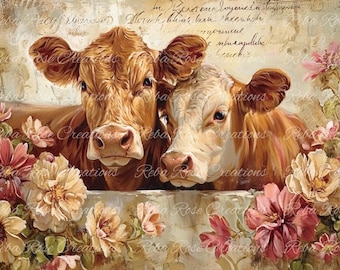 Reba Rosen Reispapier für Decoupage, Mixed Media, Kühe, Country, Rosen, Shabby Chic, 0877, A4 8,27 X 11,6