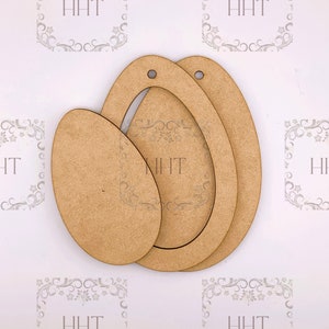 Laser Cut MDF Wood Base Easter Egg Blank Base Ornament with Frame, Center Oval, 3 pc for Decoupage, Mixed Media, 6 x 4 in, 1/8 in