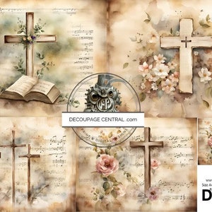 Decoupage Central, Rice Paper, Easter, Vintage, Parchment, Flowers, Roses, Cross, Squares, Shabby Chic, DC290,  Mixed Media, A4 8.27x11.69